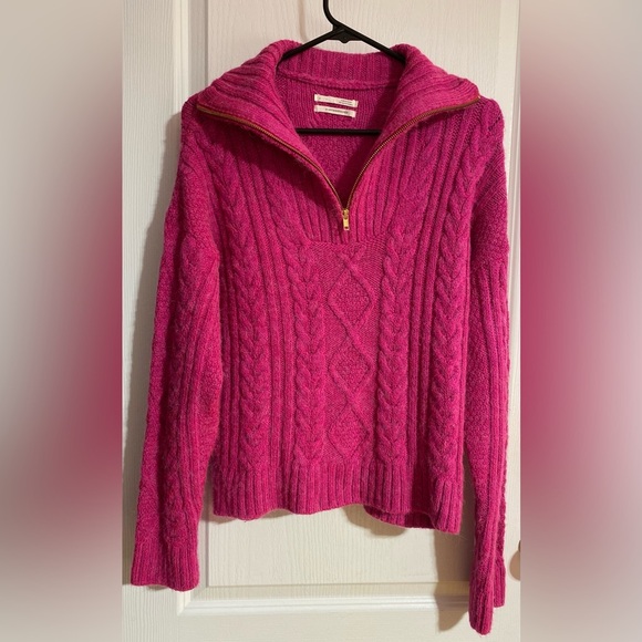 Anthropologie Payton Cable-Knit Pullover Quarter Zip Pink Sweater Size Large - Picture 2 of 12